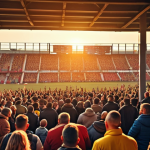 A vibrant image of a small, local football stadium in Poland, packed with families cheering.  Focus on the community atmosphere, with affordable ticket prices displayed on a sign.  Golden hour lighting.