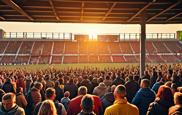 A vibrant image of a small, local football stadium in Poland, packed with families cheering. Focus on the community atmosphere, with affordable ticket prices displayed on a sign. Golden hour lighting.