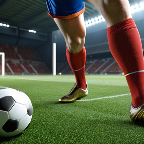 **

A soccer player's legs and torso during a powerful shot, emphasizing proper foot placement, body positioning, and follow-through technique. Focus on showing the kinetic energy transfer. Close-up.

**