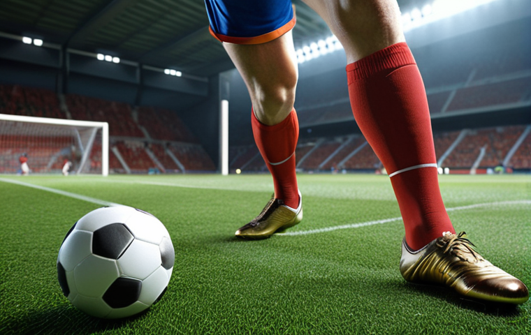 **

A soccer player's legs and torso during a powerful shot, emphasizing proper foot placement, body positioning, and follow-through technique. Focus on showing the kinetic energy transfer. Close-up.

**