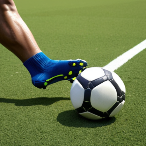 A football player in the process of executing a flawless first touch. The ball is precisely controlled, appearing almost 'glued' to their foot, allowing for immediate next action. The player's head is up, eyes scanning the pitch with a confident and strategic gaze, ready to make a quick decision in a dynamic game environment. The scene emphasizes fluidity, control, and the seamless transition from receiving to playing.