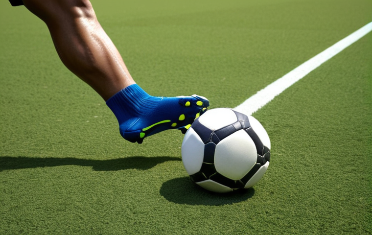A football player in the process of executing a flawless first touch. The ball is precisely controlled, appearing almost 'glued' to their foot, allowing for immediate next action. The player's head is up, eyes scanning the pitch with a confident and strategic gaze, ready to make a quick decision in a dynamic game environment. The scene emphasizes fluidity, control, and the seamless transition from receiving to playing.